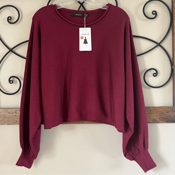NEW Zesica Wine Ballon Sleeve Cropped Oversized Sweater Size XL - Picture 1 of 14